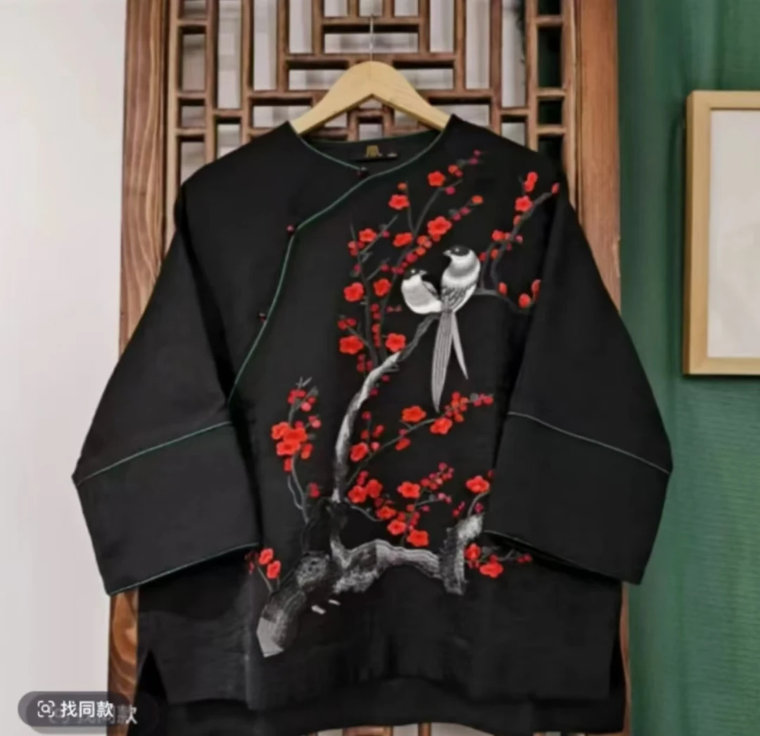 凤徕兮私人定制黑色福禄底喜上眉梢刺绣斜襟盘扣上衣 (LS128-13）