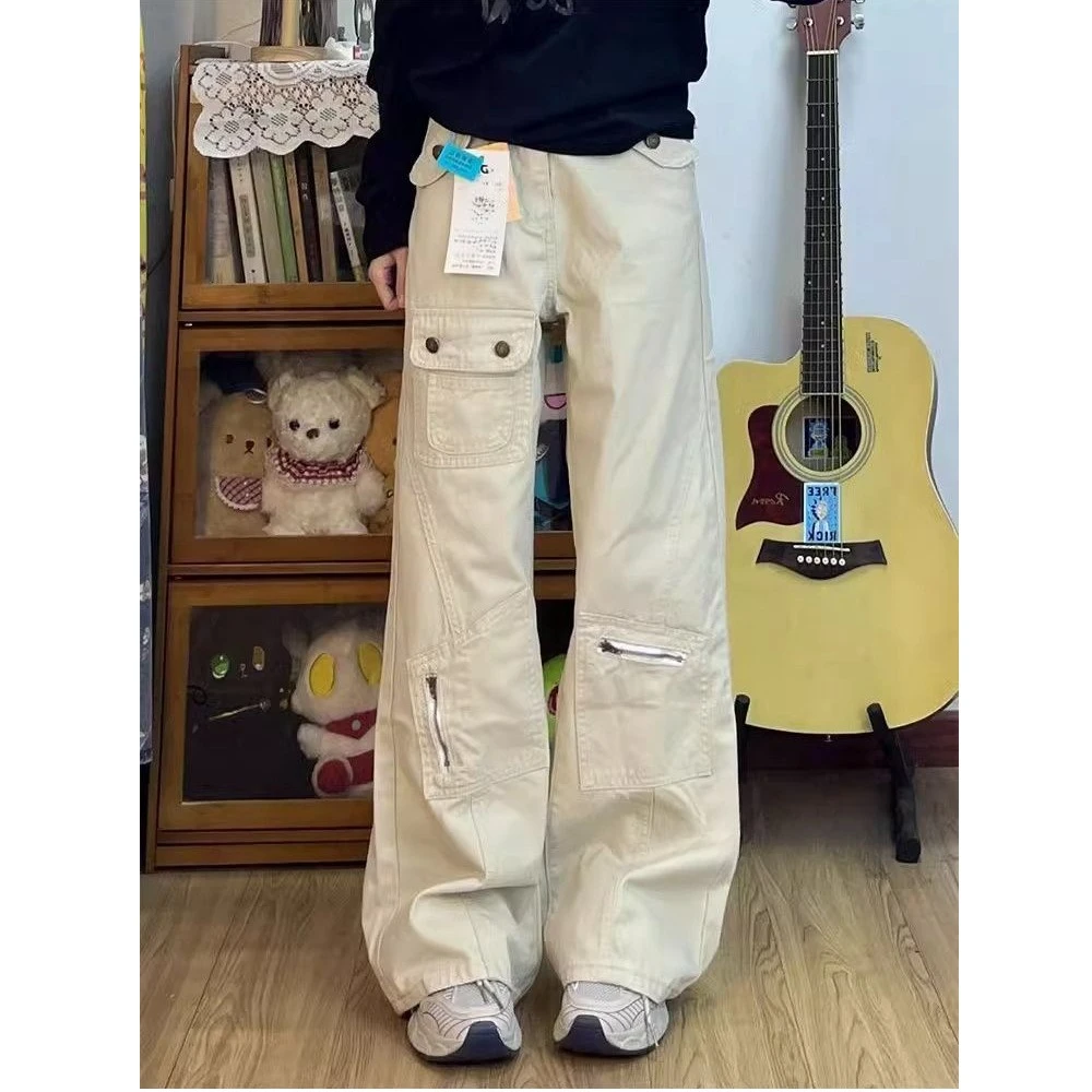 美式设计感多口袋工装牛仔裤女秋季新款低腰宽松直筒微喇阔腿长裤