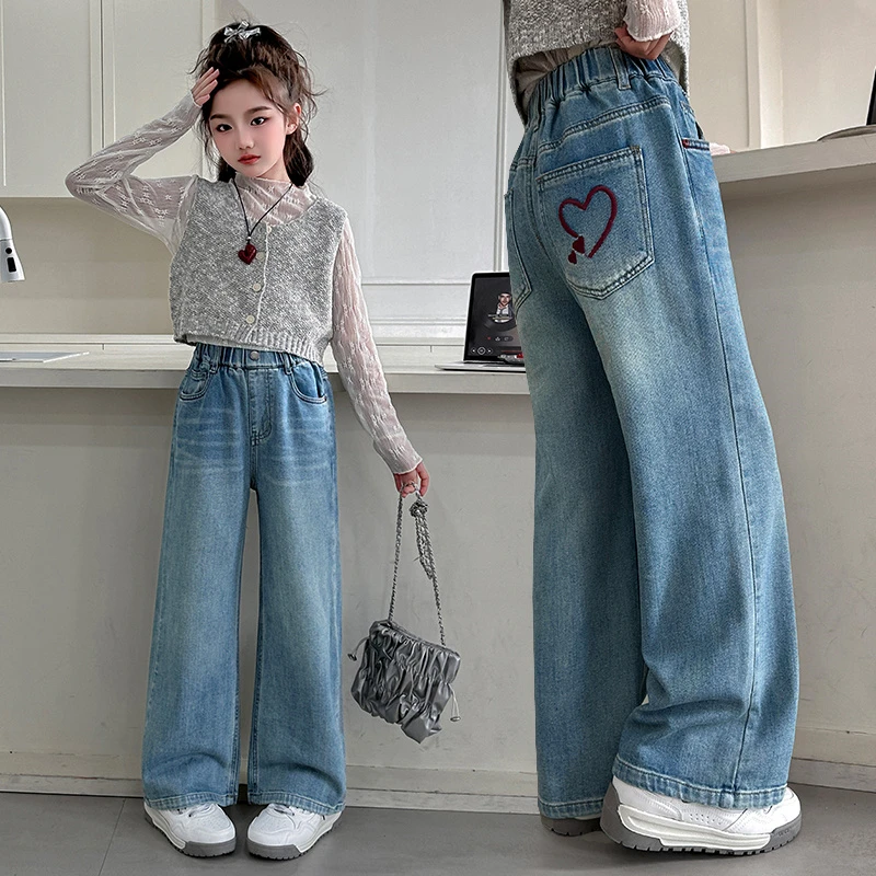 女童裤子春秋装2025新款儿童牛仔裤中大童女孩宽松休闲直筒阔腿裤