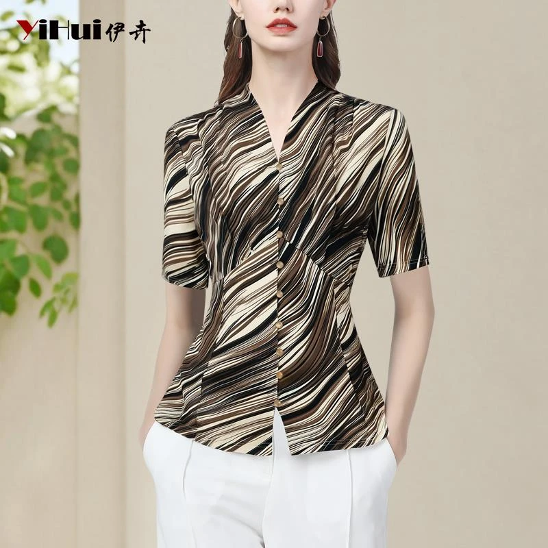 YIHUI伊卉T恤衫女短袖上衣v领休闲小衫条纹印花设计感独SE256362