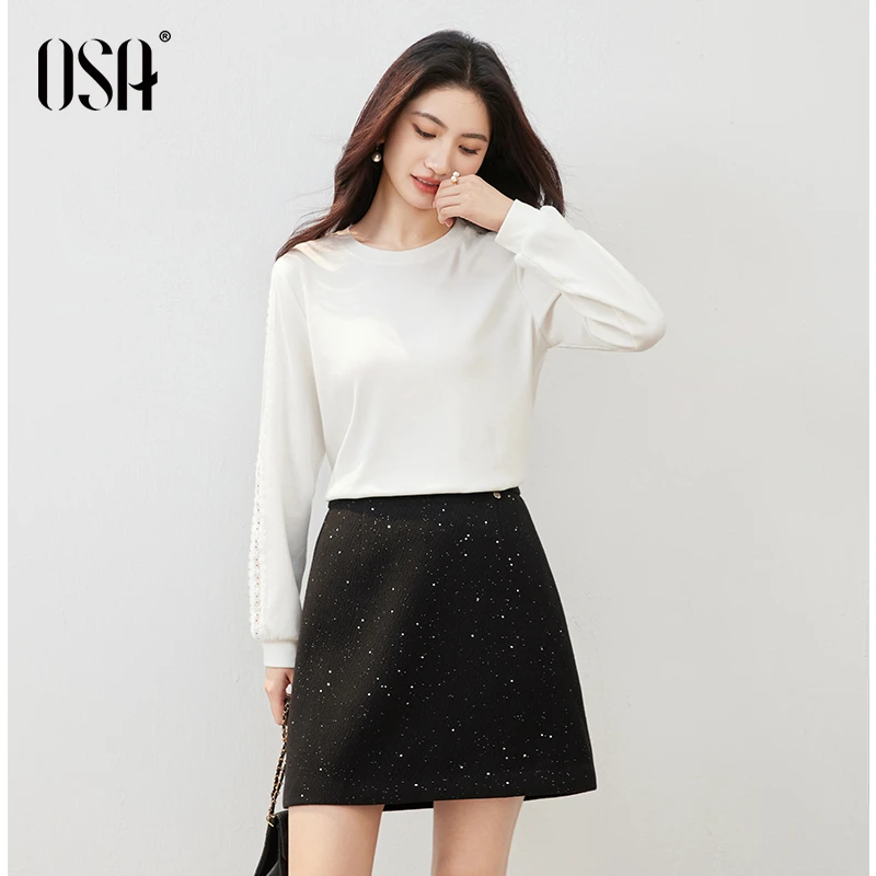 OSA/ 复古白色蕾丝花边长袖T恤女通勤打底衫上衣S125C11023