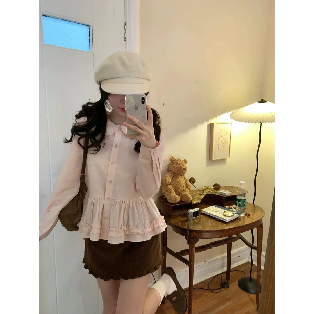 2025秋季新款韩版复古洋气粉色娃娃领花边收腰显瘦长袖衬衫上衣女