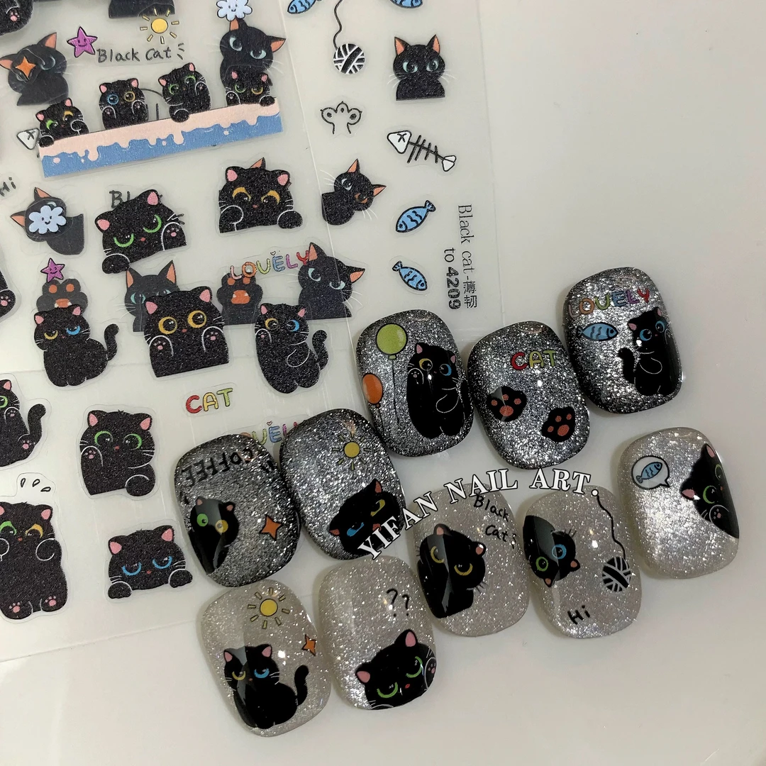 爆闪ins涂鸦风可爱黑色百变小猫咪美甲贴纸diy水杯彩色贴纸手账
