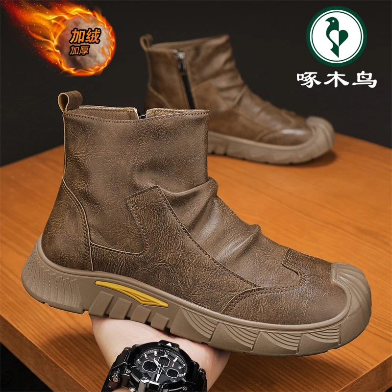 啄木鸟男鞋冬季户外加绒加厚休闲棉靴子男款百搭高帮保暖工装皮靴