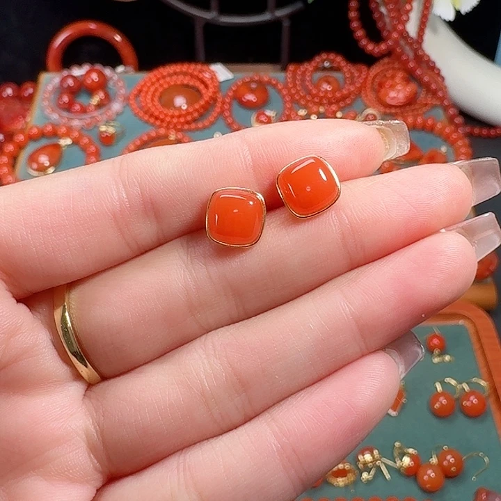 南红玛瑙银S925镶嵌耳饰