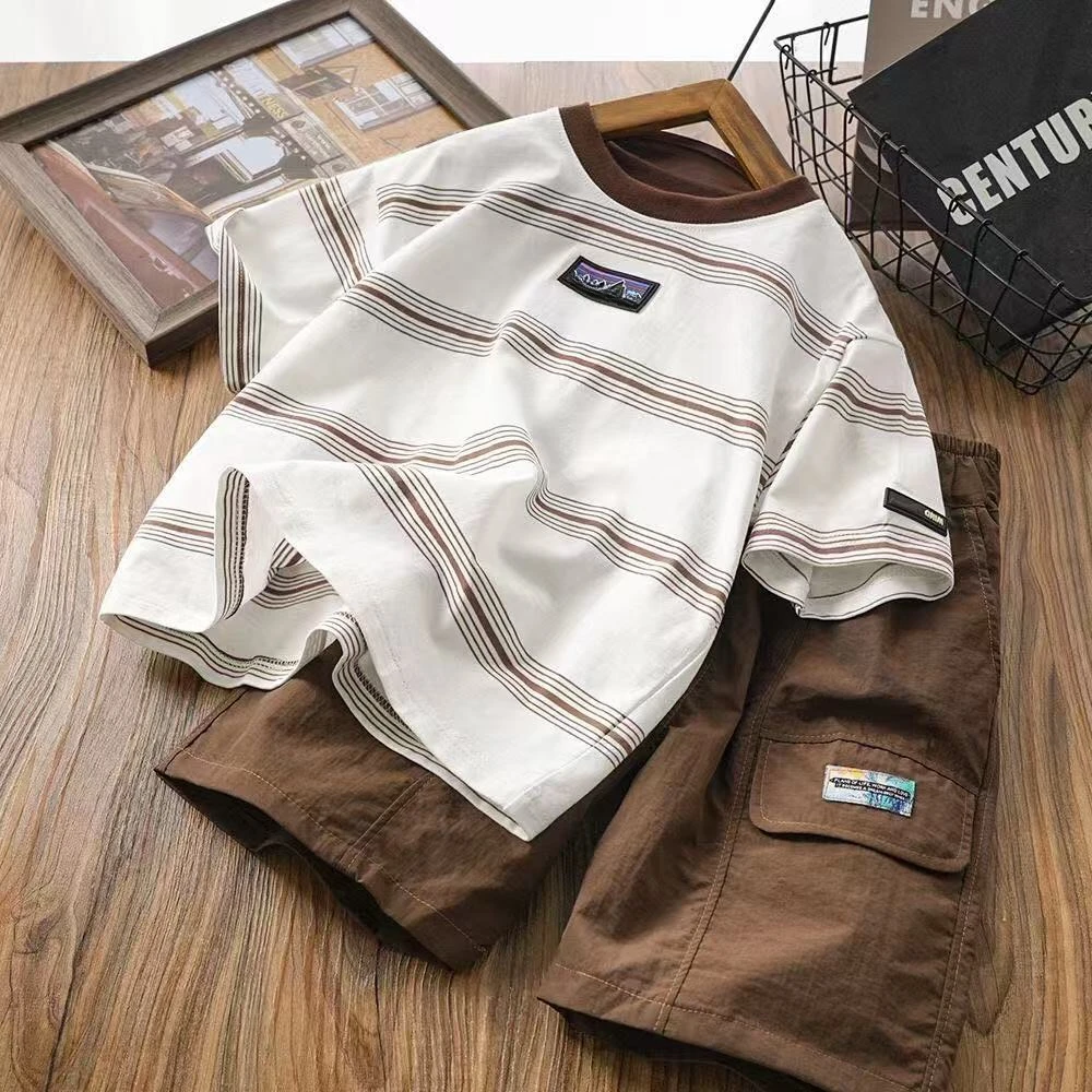 男童夏装条纹套装中大童短袖T恤休闲夏季时尚儿童潮牌短裤两件套