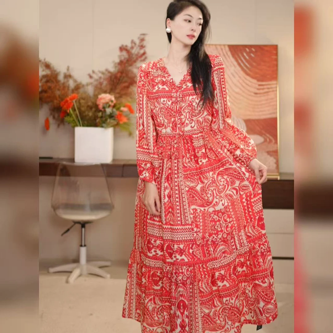 【多米拉】00225-5赤焰繁花连衣裙夏季碎花时尚宽松