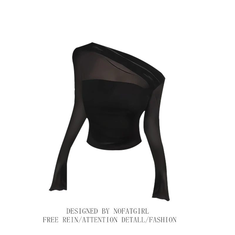 大码胖MM纯欲风辣妹假两件露肩长袖T恤女秋新款修身显瘦别致上衣