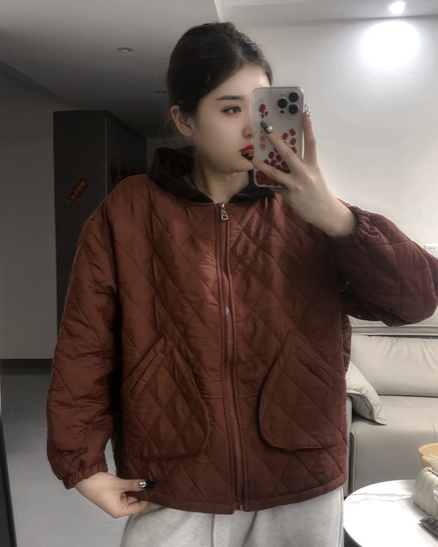 秋冬时尚百搭菱格短款夹棉连帽棉衣外套