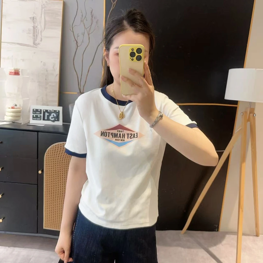 【拼色字母T】夏季简约拼色领菱形字母百搭显瘦圆领T恤 SQ25042254