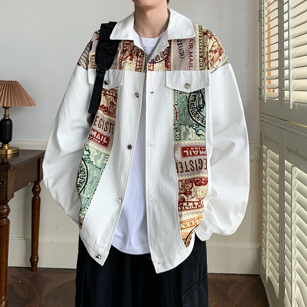 美式复古拼接翻领夹克男款春秋季新款宽松休闲百搭外套男装上衣男