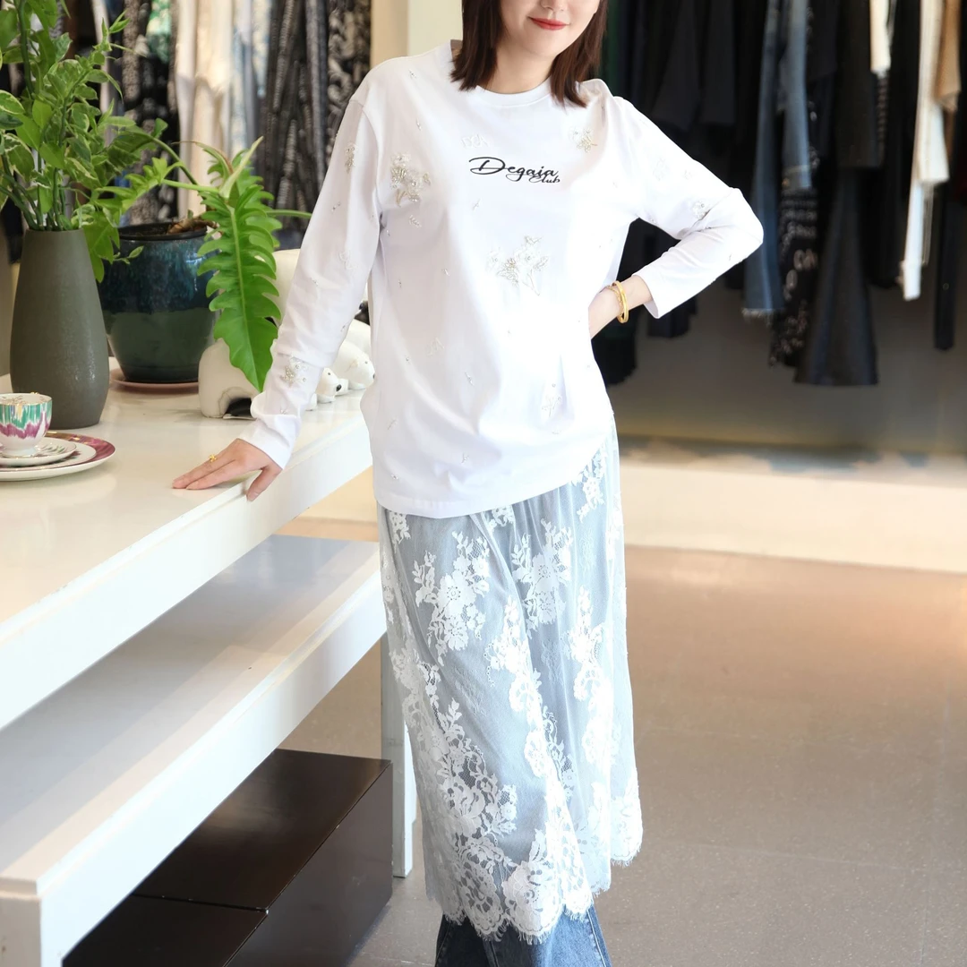 佳乐女装福利特价上衣薄款T恤长袖白色时尚纯棉女士宽松圆领休闲