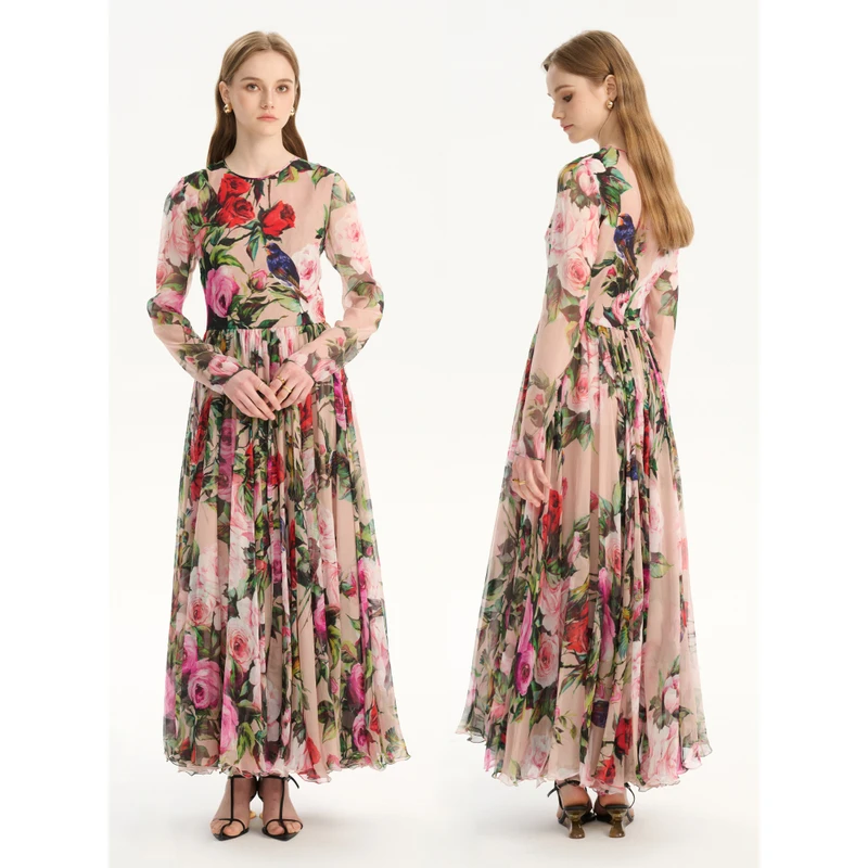 YIMAIMAI伊麦麦春夏真丝鸟语花香连衣裙奢侈品连衣裙