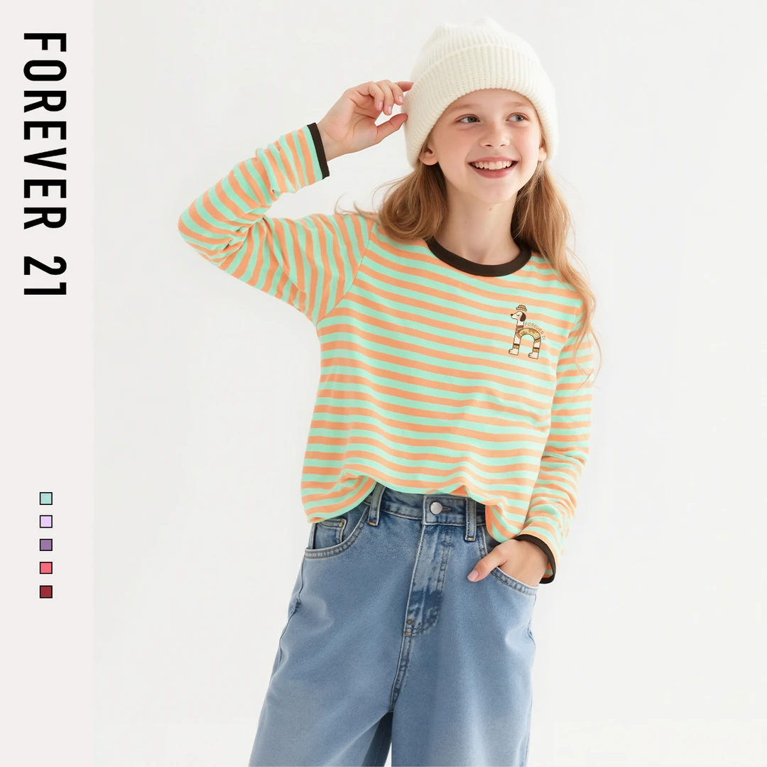 Forever 21童装儿童上衣秋装条纹时尚中大童2025新款女童长袖T恤
