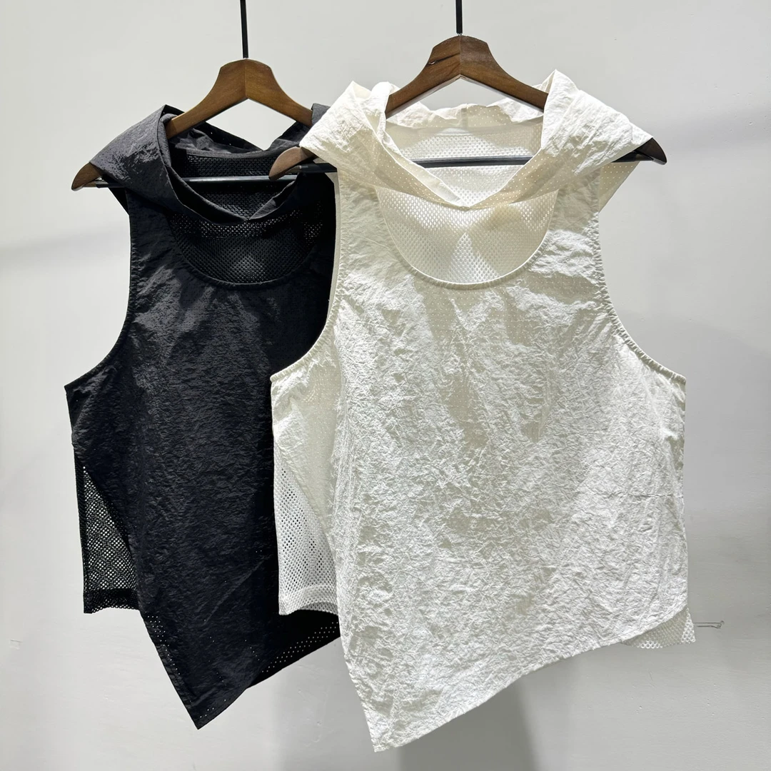 时尚小众镂空设计感连帽背心潮牌INS男士夏季休闲宽松无袖上衣服