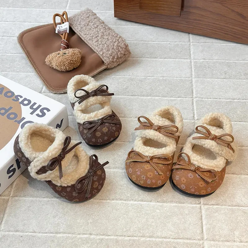 女童韩版碎花毛毛鞋冬季保暖加绒公主鞋女宝宝软底防滑勃肯鞋H02
