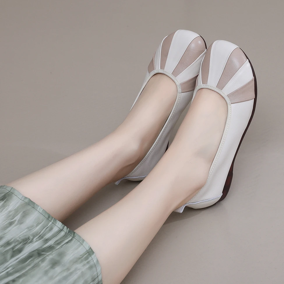 真皮牛筋软底平底女鞋舒适鞋子新款圆头妈妈浅口拼色单鞋洋气皮鞋