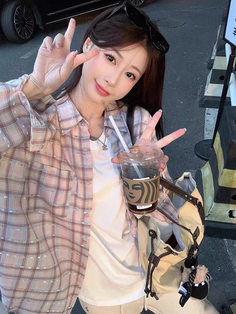 韩版休闲粉格衬衫女2025春夏新款设计感小众翻领长袖上衣外穿