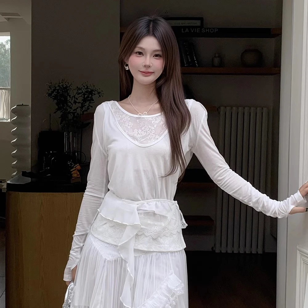 丿未 PUREVENUS长袖T恤蕾丝连帽叠穿上衣2025春季新款