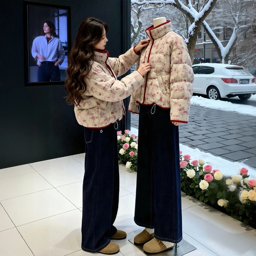 氛围感短款棉服外套女2025冬季新款安可拉红撞色小香风保暖面包服