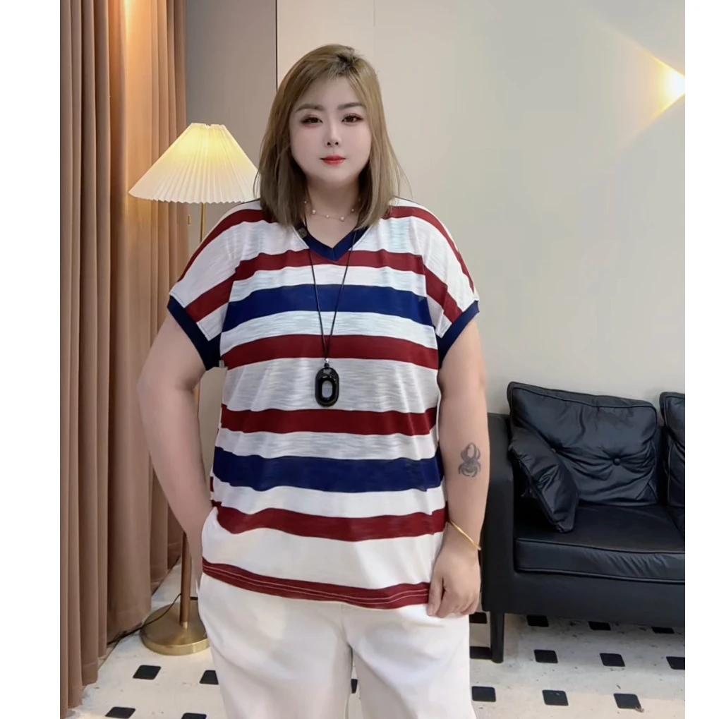 大码上衣女胖mm夏季薄款遮肉肚子显瘦条纹衫短袖T恤上衣休闲宽松