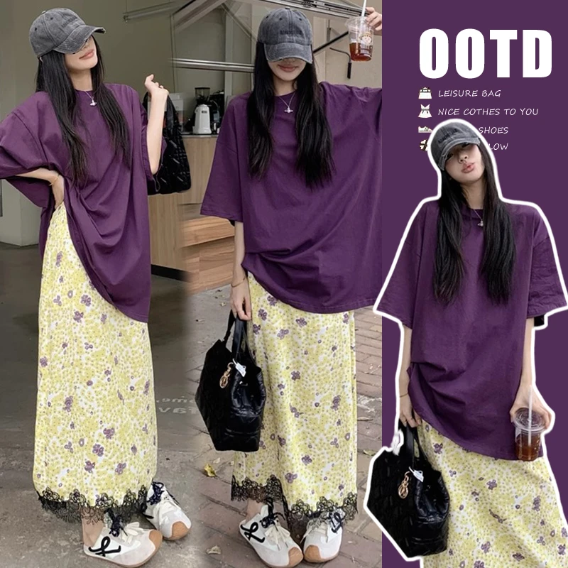 孕妇装2025夏季新款时髦洋气短袖百搭气质显瘦减龄碎花半身裙套装