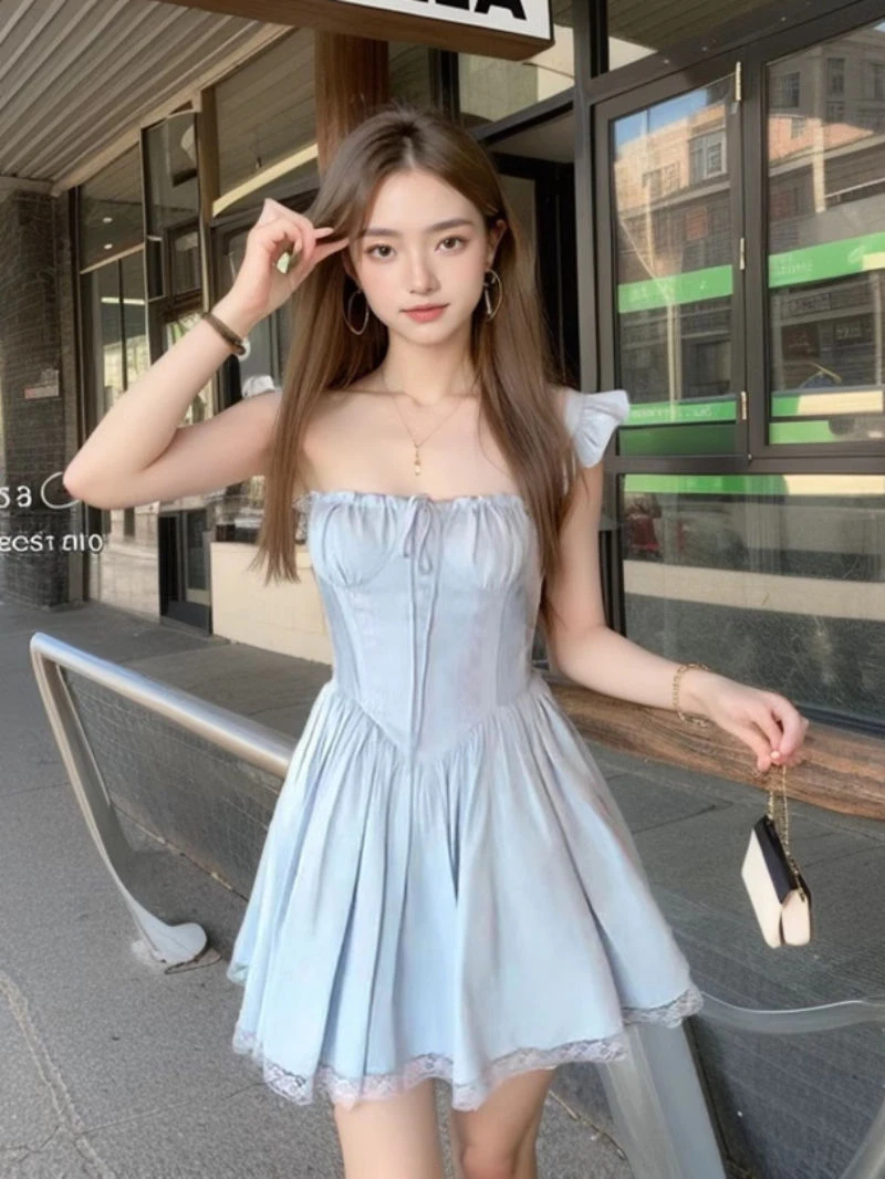 甜美蕾丝系带小飞袖连衣裙女2024夏季新款法式收腰显瘦蓬蓬短裙子
