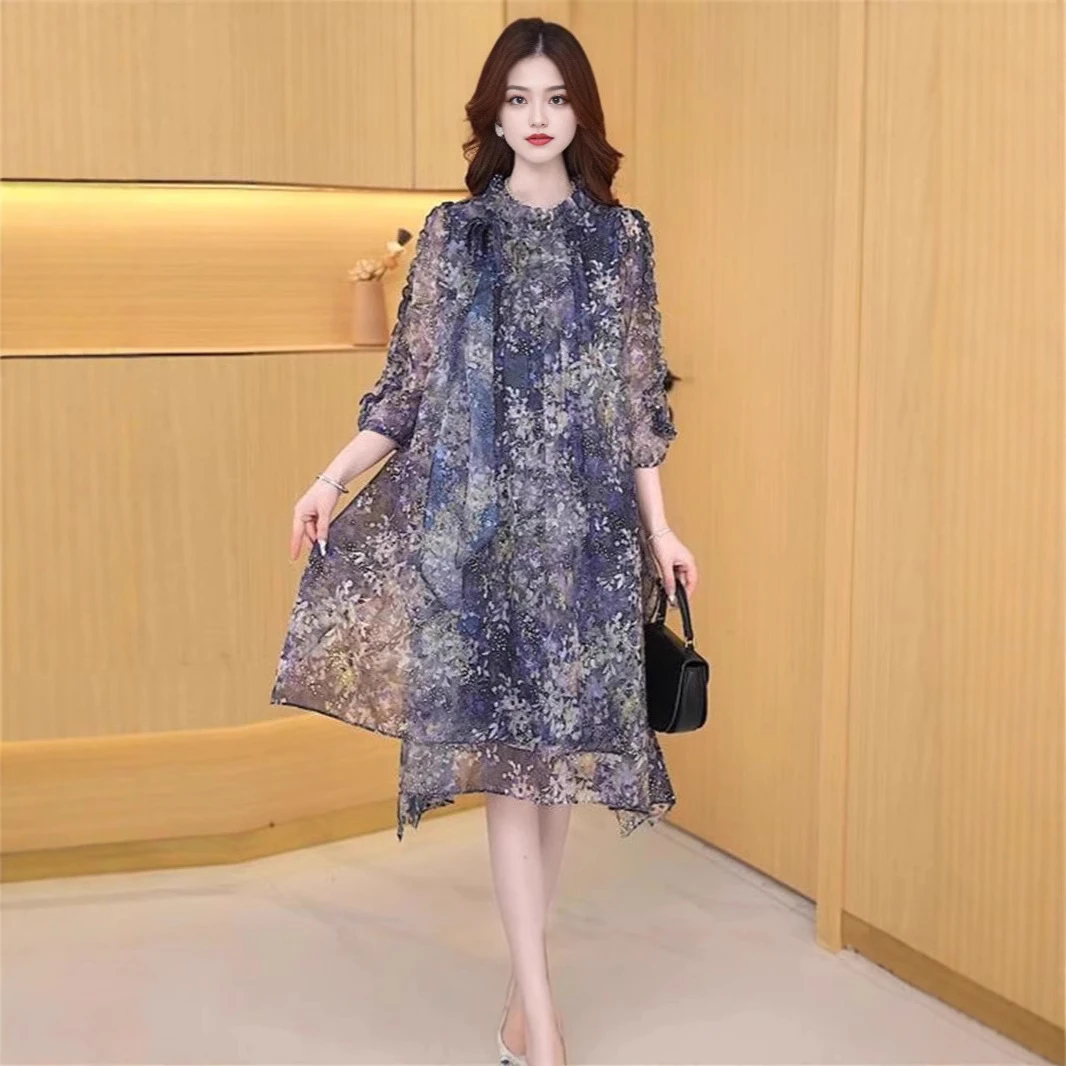 高级感宽松洋气连衣裙女2025春夏新款大码中长款印花减龄时尚裙子