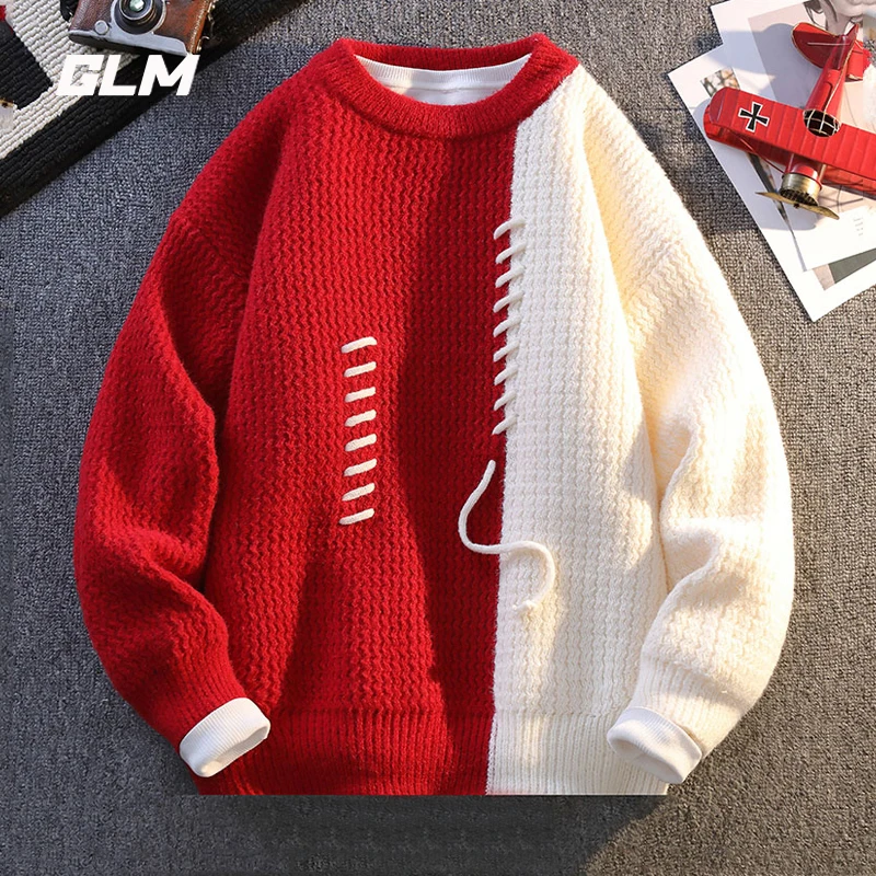 GLM新年红提花圆领毛衣男冬季潮流撞色休闲圣诞节慵懒风毛衣 男