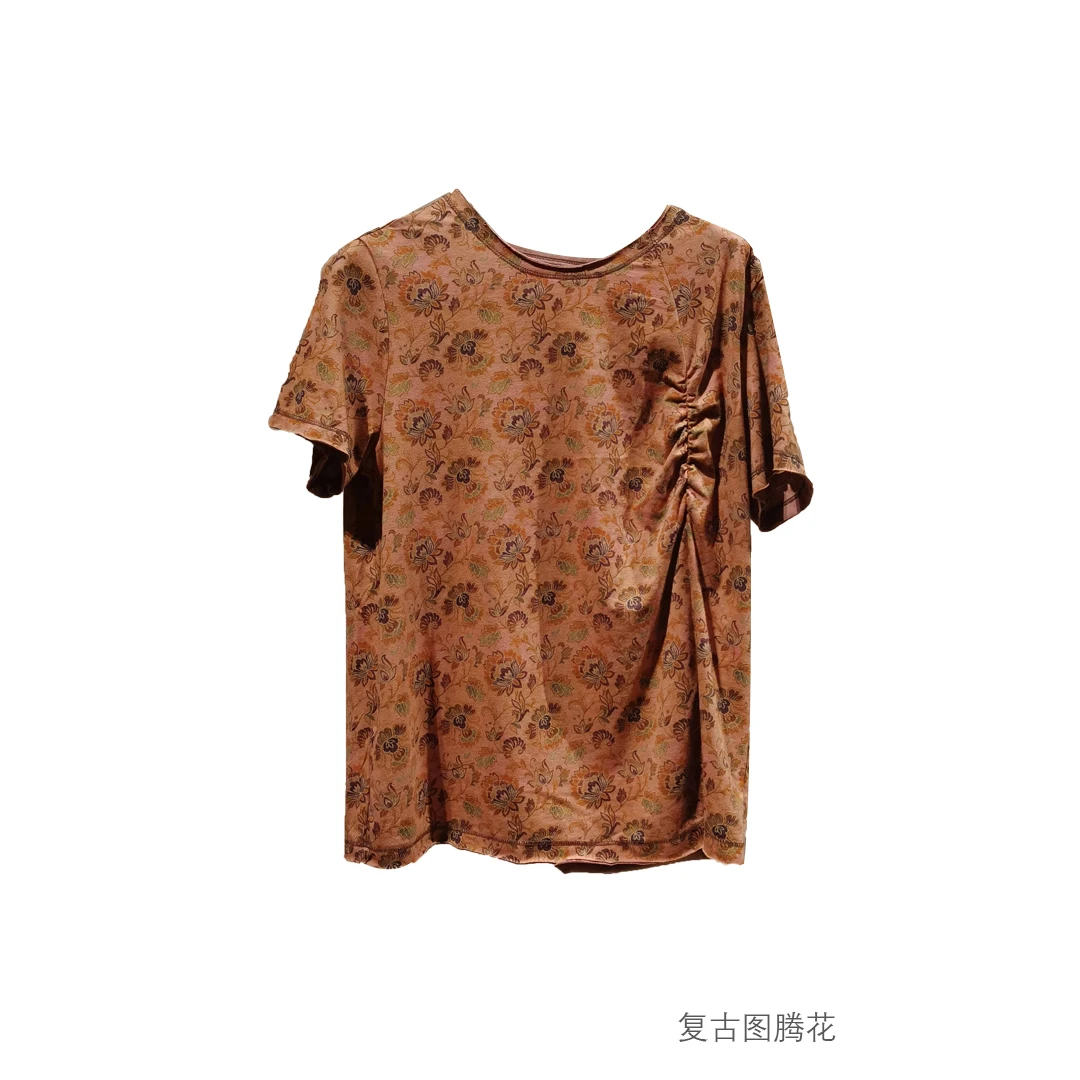 布衣分享 250204 原创设计春夏复古印花纯棉前开叉褶皱短袖T恤