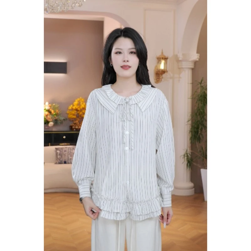 CYM3531下摆木耳边设计单排扣竖条纹衬衫女秋季新款简约通勤上衣