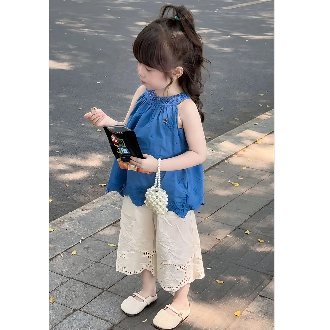 女童夏装套装2025新款洋气女宝宝镂空挂脖背心花边裤儿童度假衣服