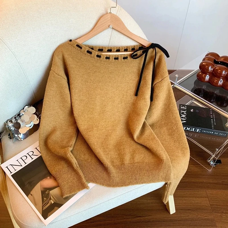 落叶黄复古穿绳子系带毛针织衫女秋冬时尚洋气百搭打底衫上衣9258