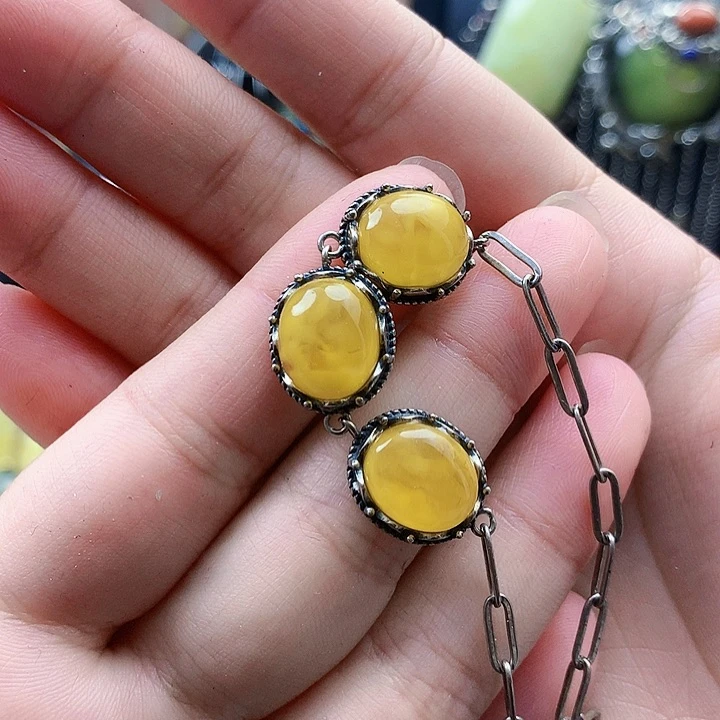 琥珀裸石银S925镶嵌手链