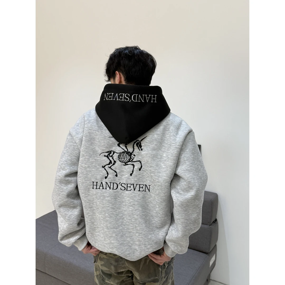 HandSeven美式复古马骷髅刺绣重磅连帽卫衣ins男女2025秋季新款