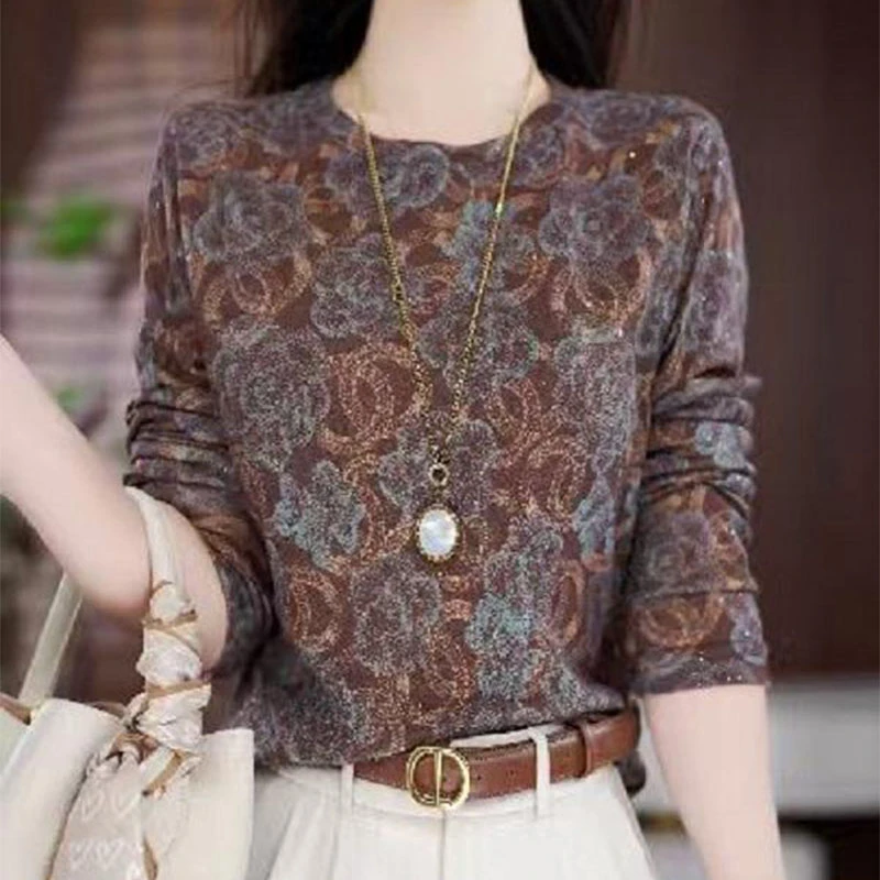 圆领蓝玫瑰花纹长袖打底衫E气质优雅妈妈装2025中老年印花百搭T恤