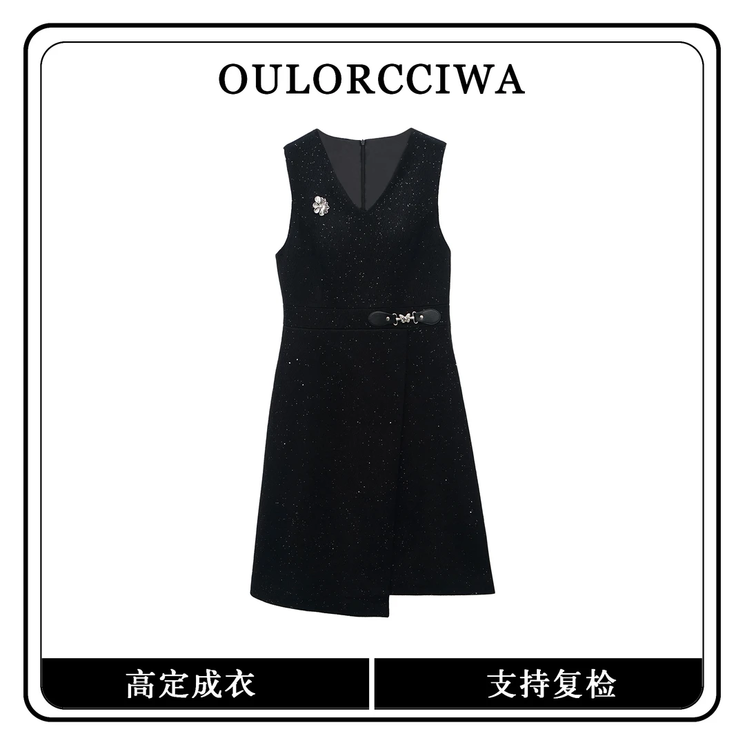 V领秋季不规则款法式直筒连衣裙时尚拼接轻奢OLQW-1880