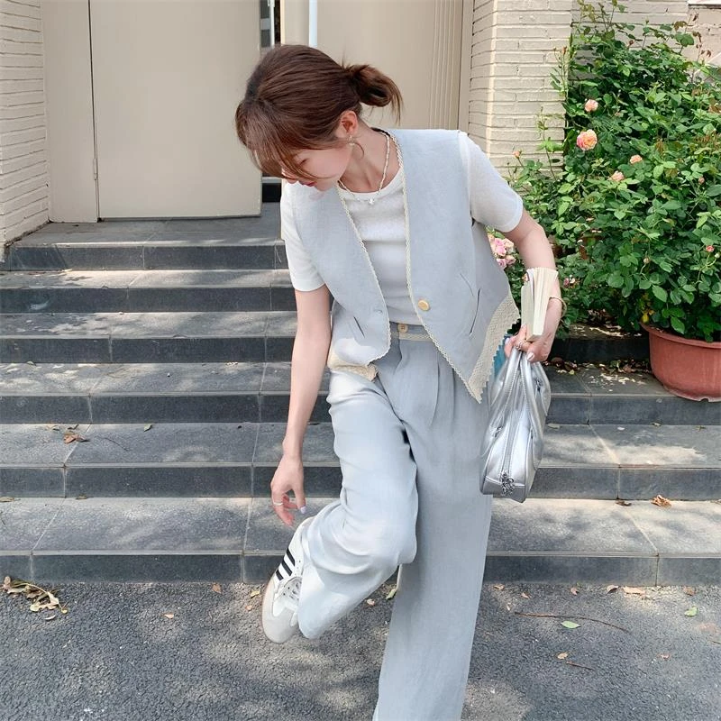 蕾丝拼接马甲休闲裤套装女夏2025新款三件套韩系穿搭松弛感高级感