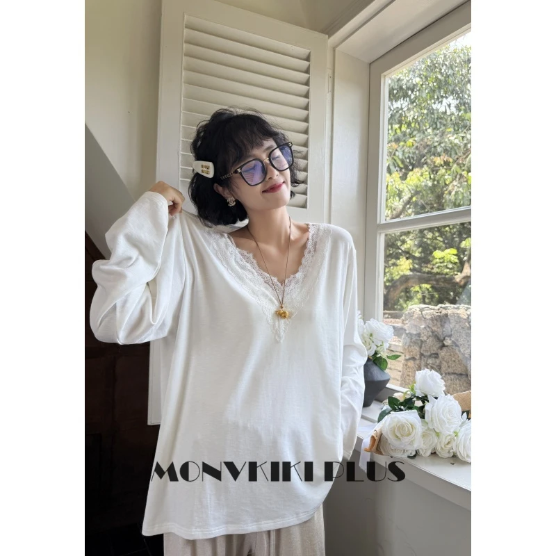 MoNvKiKiPlus2「枕梦」大码微胖糯叽叽V领蕾丝宽松长袖打底T恤#B225
