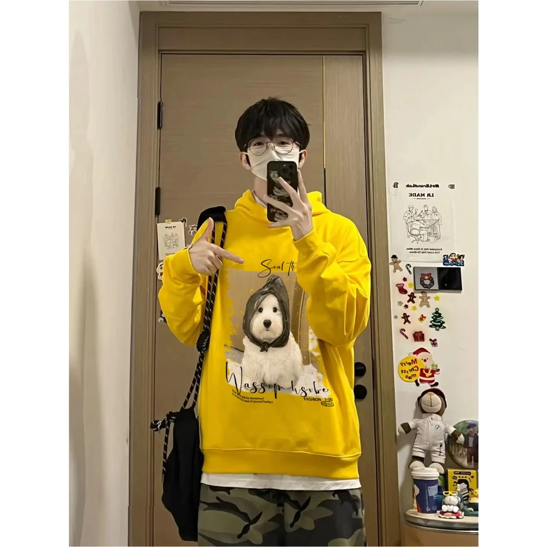 潮流秋冬季无口袋男女连帽卫衣美式印宽松照片小狗休闲情侣上衣