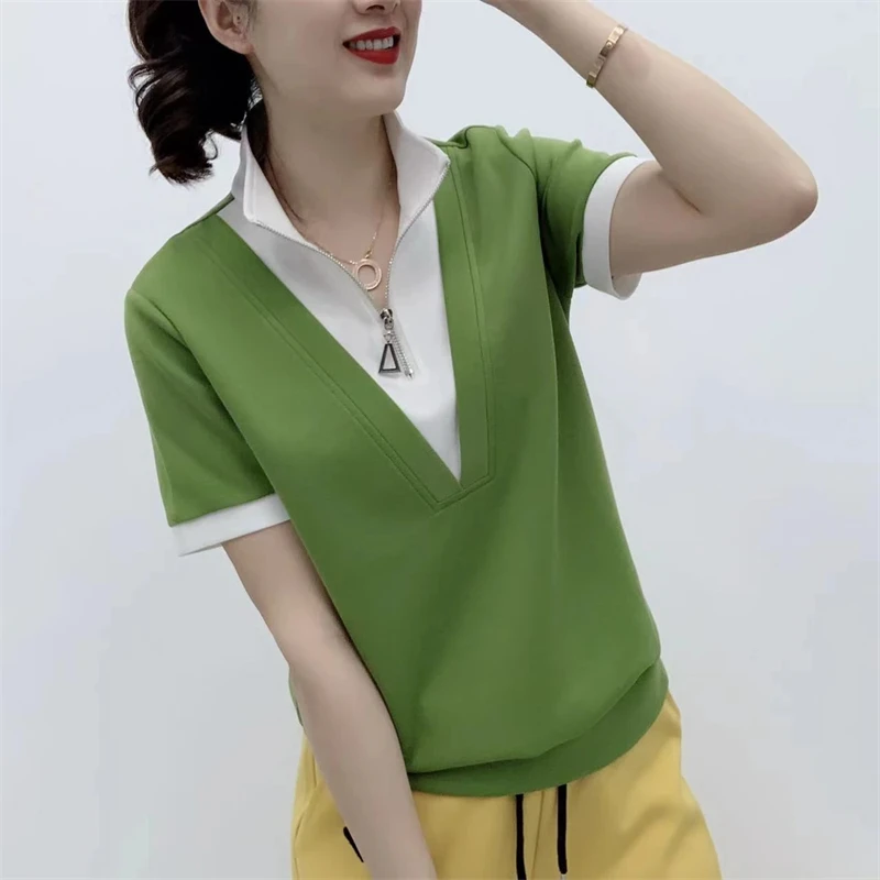 2025夏季新款立领半拉链假两件清新时尚百搭洋气高档短袖T恤