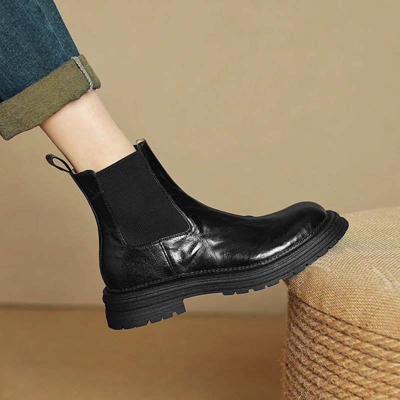 3.5cm/厚底短靴超软小羊皮马丁靴秋冬新款圆头复古切尔西靴