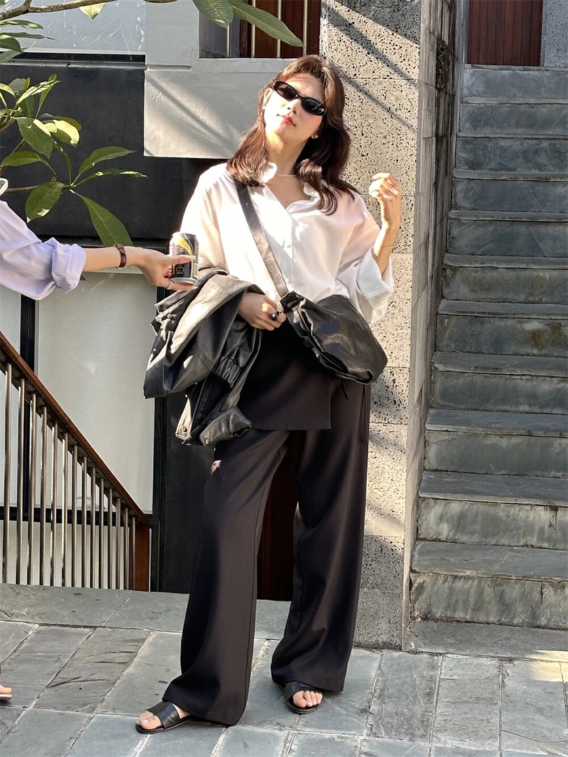 小众设计感假两件拼接高腰宽松阔腿休闲百搭屁帘裙黑色直筒西装裤