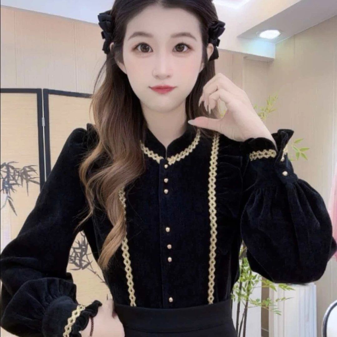 （常规不加绒）法式复古气质荷叶边黑色长袖衬衫女独特别致显瘦上衣