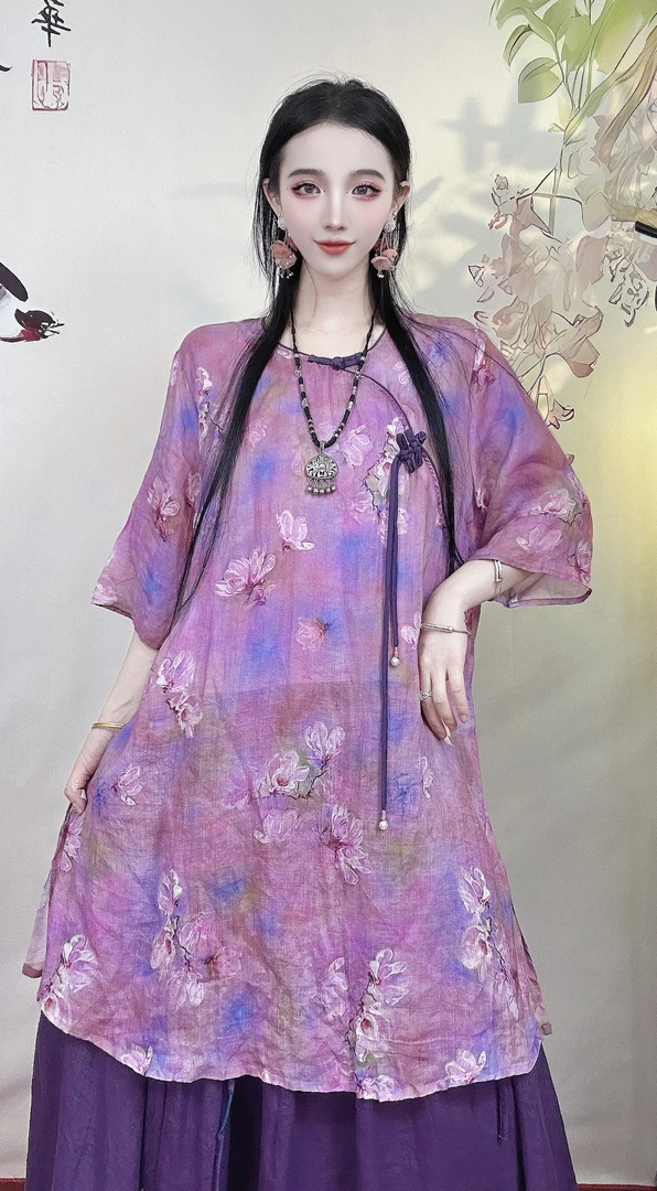 【中国结款】苎麻夏季连衣裙中式长款显瘦宽松女装连衣裙宽松连衣裙