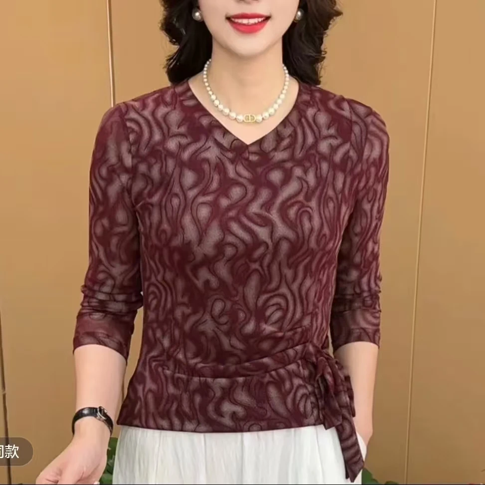 早秋新款时尚V领系带收腰设计感洋气妈妈装显瘦百搭长袖上衣K9810