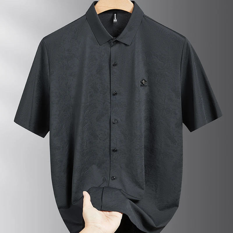 夏季冰丝短袖衬衫男士胖子加肥加大码宽松休闲暗花肥佬垂感薄衬衣