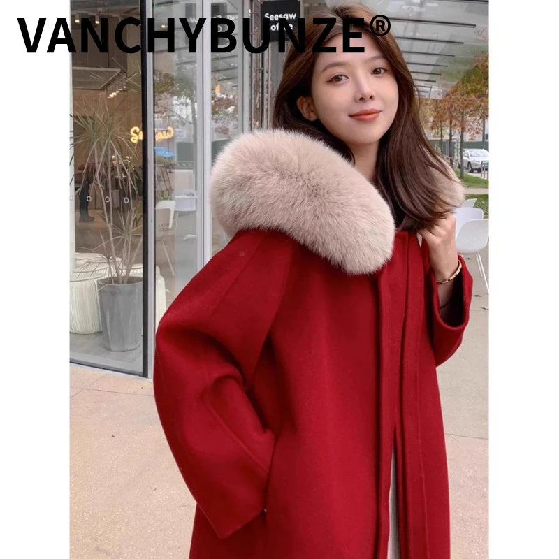 BUNZE高端红色双面羊绒大衣女中长款2025冬季新品韩系结婚羽绒毛