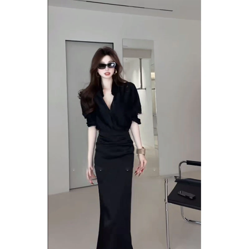 2025夏季新款纯欲赫本风辣妹V领长袖西装上衣高腰百搭鱼尾半身裙
