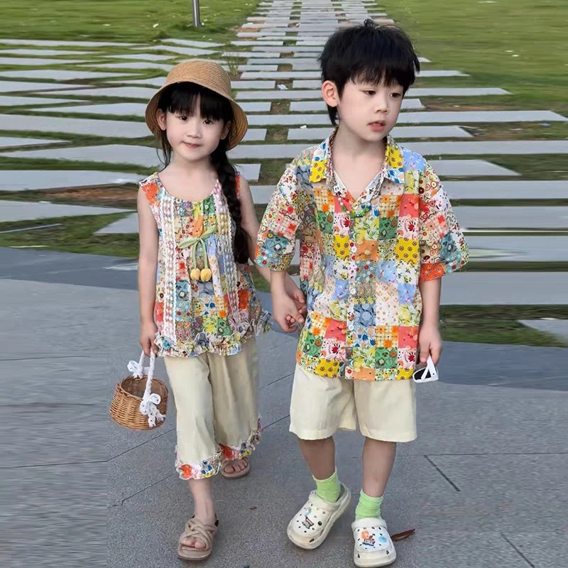 兄妹装碎花夏季千金风儿童常规休闲风套装洋气女童夏装欧美风无袖